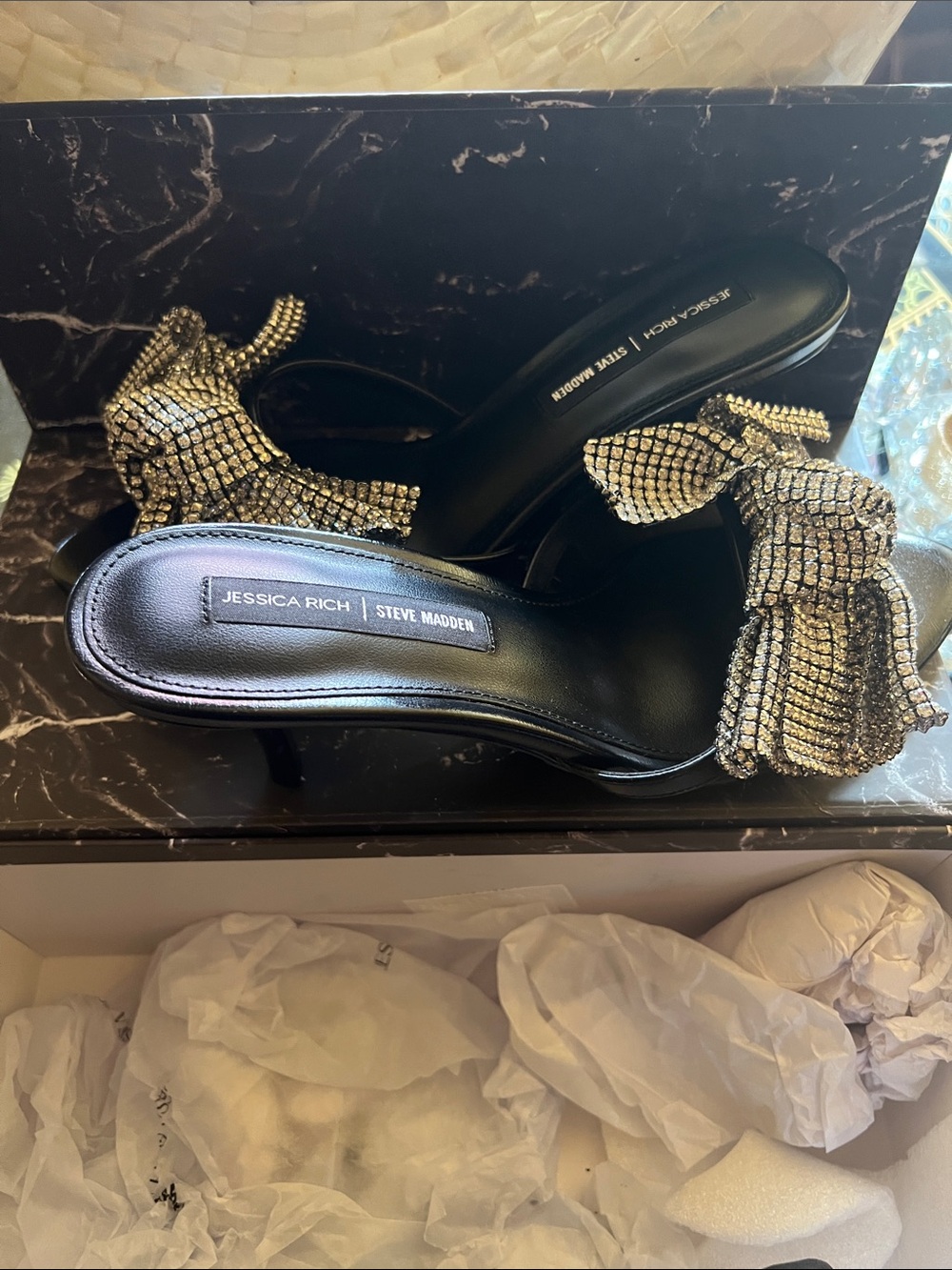 Steve Madden Black Slide Mules with Crystal Bow - Picture 2 of 5